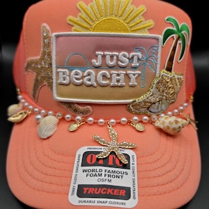 Just Beachy ladies trucker hat, coral, ocean, coastal
