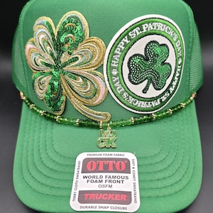 Ladies Sparkly St Patrick's Day trucker hat on green, blingy bougie