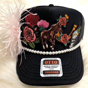Kentucky Derby trucker hat, It's Derby Day with ostrich feather pouf and Talk Derby To Me hat chain