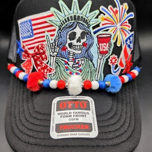 Skelly Lady Liberty 4th of July trucker hat, All American, fireworks
