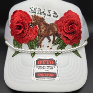 Kentucky Derby trucker hat, white with roses and pearls, with or without sayings