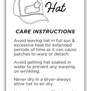 May include: A black and white illustration of a baseball cap with the text "Patched Hat". The image also includes care instructions: avoid sun and heat, avoid getting wet, air dry, and use a damp towel.