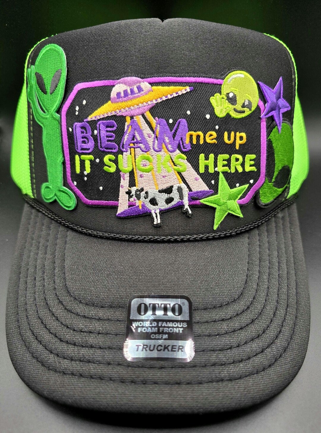 Beam Me up Alien Trucker Hat, Neon Green UFO Otto Cap - Etsy