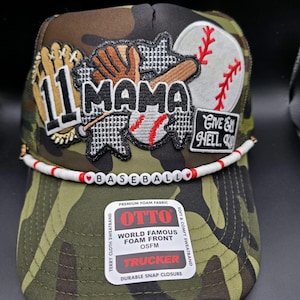Ladies Baseball Mama camo trucker hat, give em hell kid, sports mom