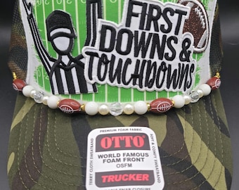 Ladies First Downs and Touchdowns football camo trucker hat, football mom mama