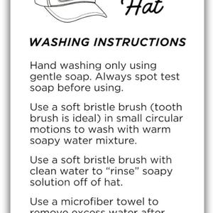 May include: A black and white illustration of a baseball cap with the text "Patched Hat". Below the illustration are washing instructions: hand wash with gentle soap, use a soft brush, rinse with clean water, and air dry.