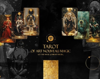 May include: A collection of tarot cards with Art Nouveau style illustrations. The cards feature figures in ornate clothing, with gold accents and celestial backgrounds. The text "TAROT OF ART NOUVEAU MAGIC" is displayed.