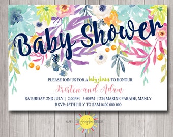Printable Baby Shower invitation personalised Floral Bright Happy Colours Navy Pinks Yellow Blue Neutral Girl Boy