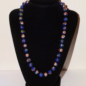 Silver Stamped Chinese Floral Cloisonne Bead 20&quot; Long Necklace