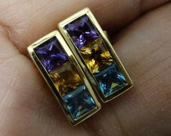 18k Gold Genuine Triple Gemstone Earrings.