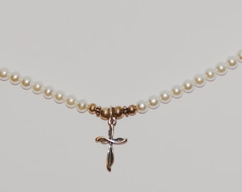 Sterling Silver Fresh Water Pearl Cross Necklace,