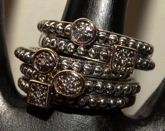 T & C. RARE Sterling 14k YG Small Genuine Center Diamond Staking Rings. Taglia 7. Si prega di scegliere