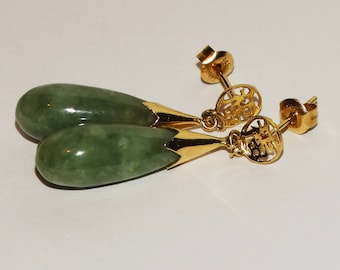 14k YG Natural Jade Teardrop Earrings.