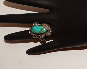 Navajo Sterling Silver Squash Blossom Design Turquoise Ring.