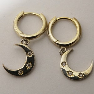 Art Deco Sterling Silver Dangling Half Moon Small Hoop Earrings.