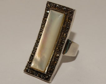 Sterling Silver Marcasite MOP Mother Of Pearl CONCAVE Ring.