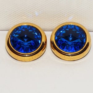 EPEARL Designer Signed Gold Tone Faceted Blue Glass Clip-On Earrings.