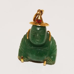 14k Gold Green Jade Buddha Pendant.