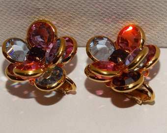 Gold Plated Beautiful Pink Blue And Amethyst Color Crystal Flower Earrings.