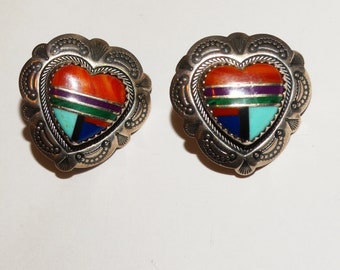Navajo QT Signed Sterling Silver Turquoise Coral Heart Earrings.