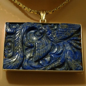 RARE 18k Yellow Gold Hand Carved Lapis Lazuli Phoenix Bird Pendant ONLY. image 1