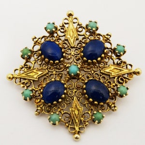 14k Gold Lapis Lazuli Sleeping Beauty Turquoise Brooch.