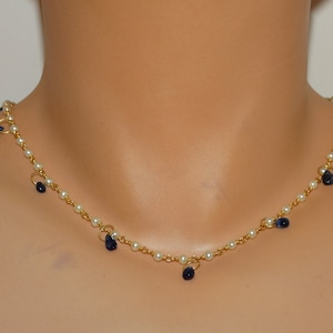 18k Gold Genuine Blue Sapphire Pearl Necklace.