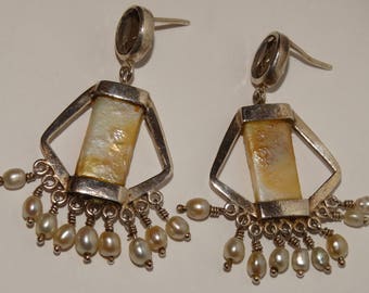 Sterling Silver Smoky Quartz, RARE Large Square Pearl, 18 Freshwater Pearl Earrings.