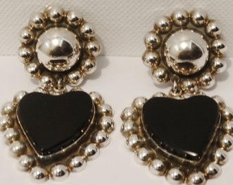 Sterling Silver Heavy Large Dangling Onyx Heart Earrings.