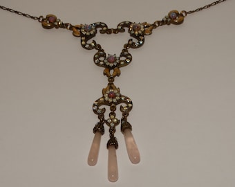 Roxanne Assoulin Vintage Rose Quartz Rhinestone Festoon Necklace.