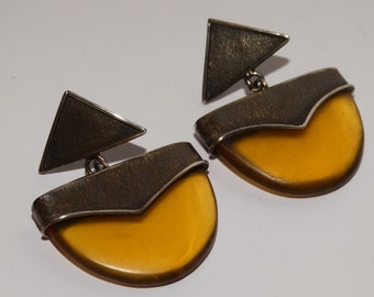 Sterling Silver Stamped Amber Plastic Glass Dangling Earrings.