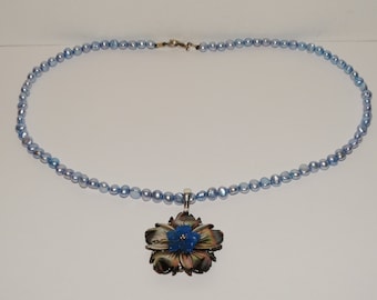 Sterling Silver Blue Pearl bead Hand Carved Pendant necklace.