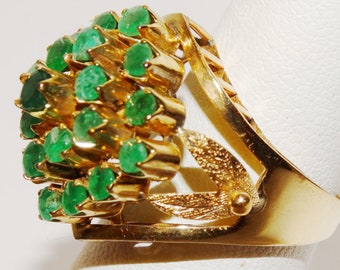 14k Yellow Gold Natural Earth Mined Hand Cut Emerald Antique Art Deco Ring.