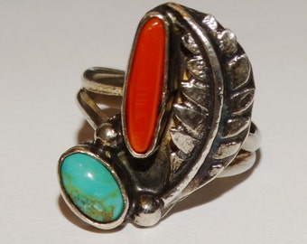 Navajo Sterling Silver Natural Coral Turquoise Ring. Size 6.5.