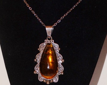 HUGE Amber Sterling Silver 35.5 Grams Mexican Made Pendant.