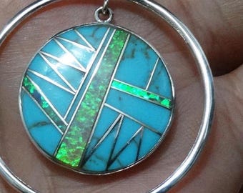 Navajo j.n. Signed Turquoise With Sterling & Opal Inlaid Pendant.