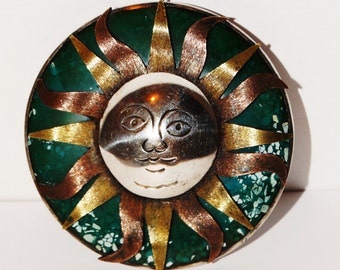 Huge Sterling Silver Forest Green stone, with tri-color rays Sun Face brooch.