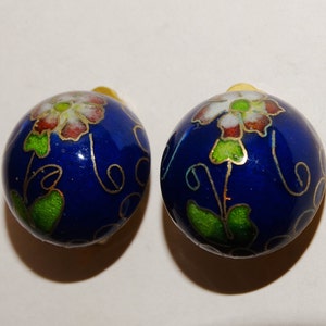 Chinese Large Cobalt Blue Burgundy Floral Enamel Cloisonné Earrings.