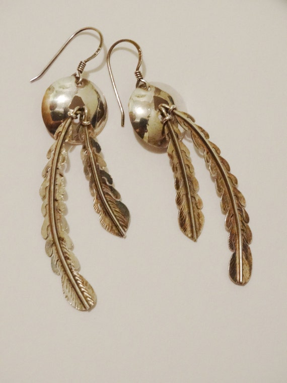 Navajo Sterling Silver 2 1/2" Double Feather Dang… - image 1