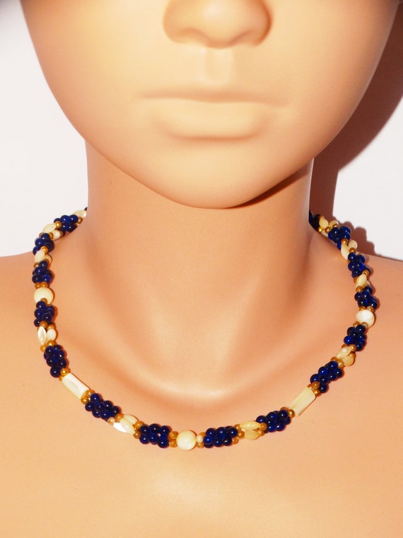 Mother Of Pearl Cobalt Blue Plastic Or Lucite Bea… - image 4