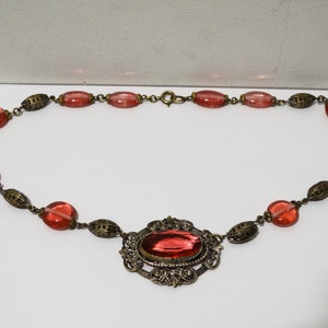 Made in CZECHOSLOVAKIA Brass and Pink Glass Necklace.