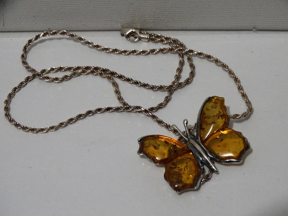 Sterling Silver Italian Made Amber Butterfly Neck… - image 1