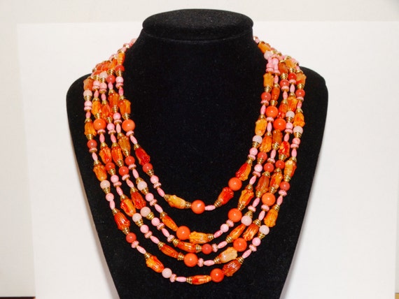 Salmon/Orange Five Strand Plastic Necklace. - image 3