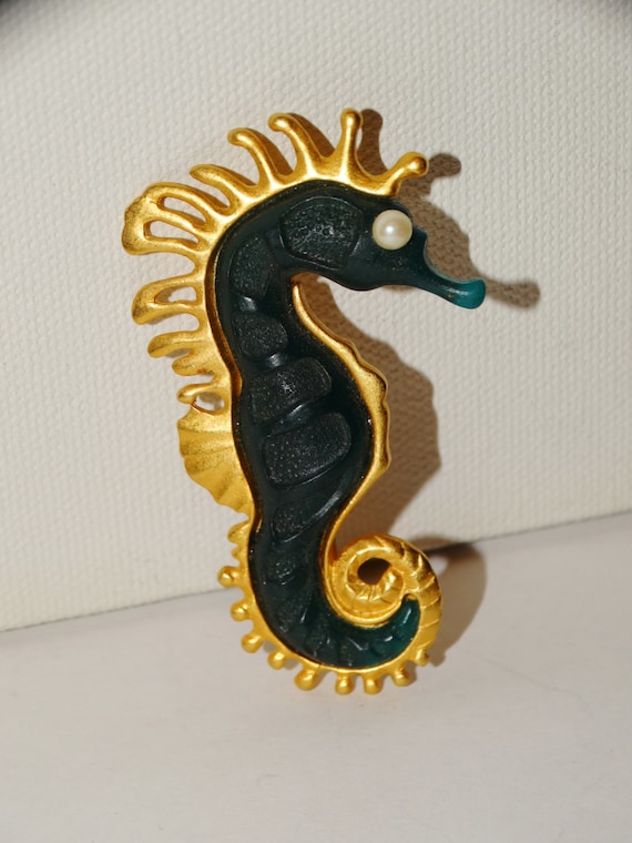 Custom Metal Gold Tone Pearl Large Seahorse Brooch