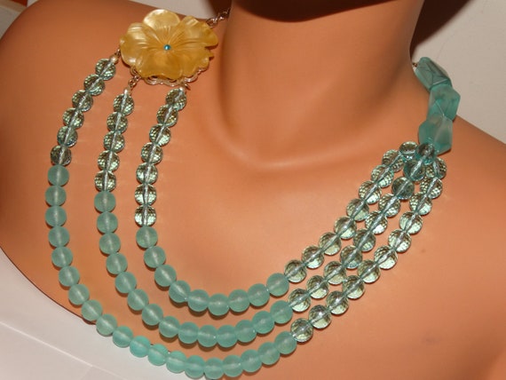 Blue Plastic/Lucite Triple Strand Beaded necklace. - image 3