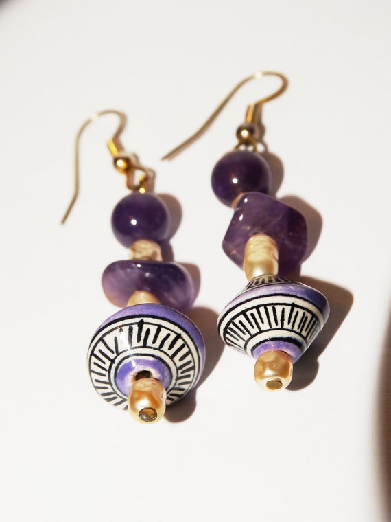 Amethyst Rice Pearl Hand Painted Ceramic Earrings.