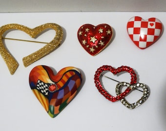 Five Piece Lot of Heart Brooches.