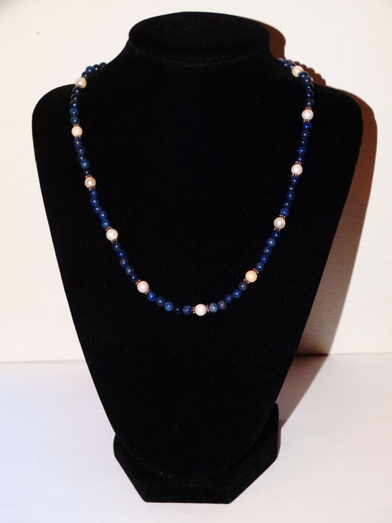 Sterling Silver Pearl & Lapis Lazuli Bead 18" Nec… - image 5