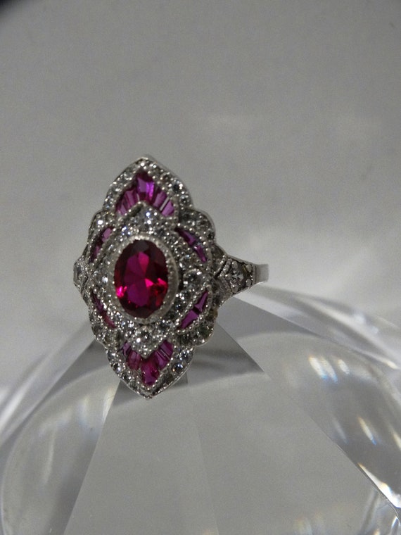 14k White Gold Ruby Baguettes and oblong Stone Ri… - image 2