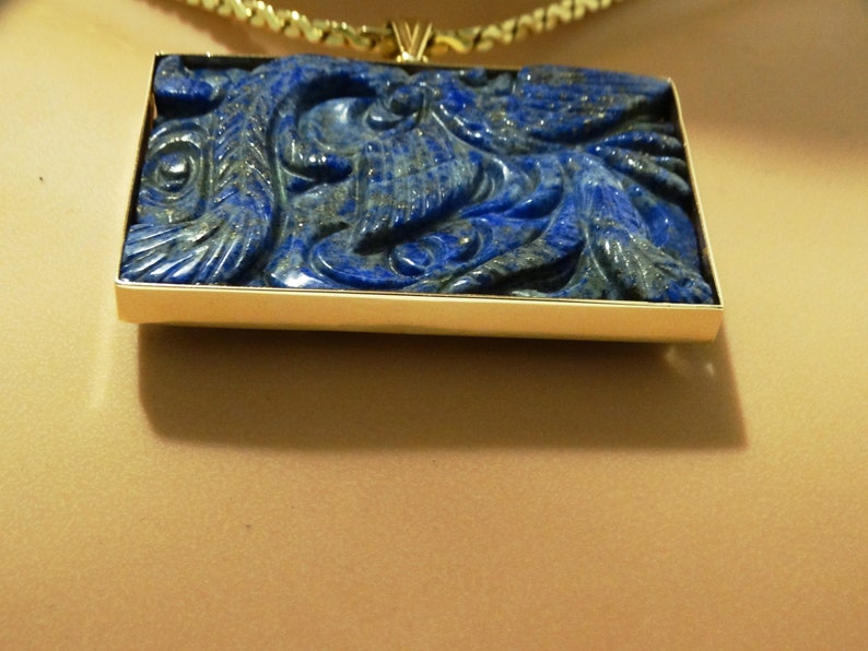 RARE 18k Yellow Gold Hand Carved Lapis Lazuli Phoenix Bird Pendant ONLY. image 5
